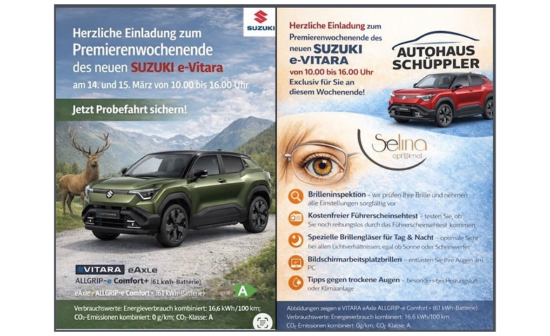 Event-Image for 'Suzuki e-VITARA kostenlos Probefahren + Sehtest 14./15. M&auml;rz'