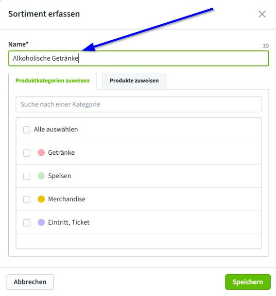Cashless Sortiment anlegen