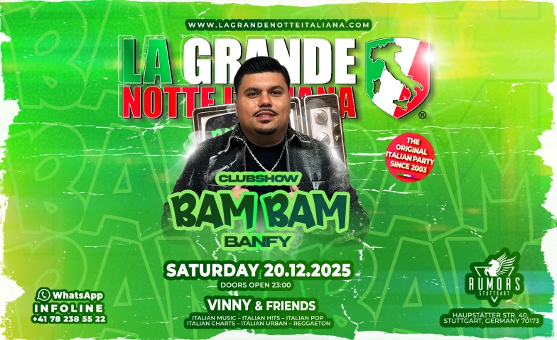 La Grande Notte Italiana w/BANFY "BAMBAM" @ Rumors Stuttgart Rumors Club Stuttgart, Hauptstätter Straße 40, 70173 Stuttgart Tickets