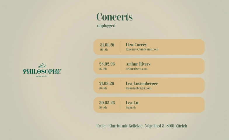 Le Philosophe Concerts unplugged Bar Le Philosophe, Nägelihof 3, 8001 Zürich Tickets