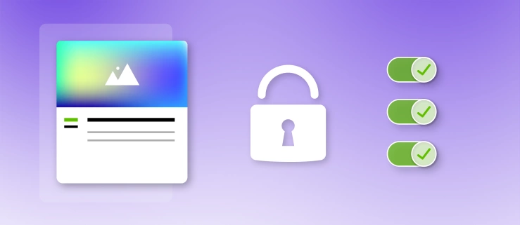 Teaser Datenschutz fĂŒr Veranstalter:innen Eventdetail-Illustration, Schloss und Checkbox auf lila Hintergrund