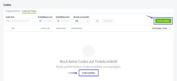 Screenshot Codes auf Tickets IV Code erstellen